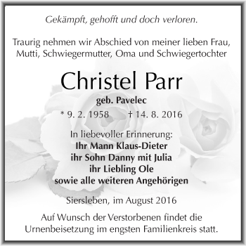 Traueranzeige von Christel Parr von Super Sonntag SGH Mansf. Land