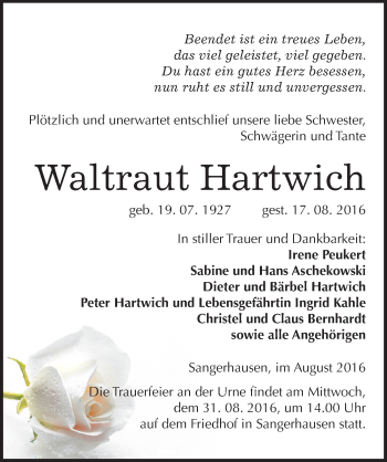 Traueranzeige von Waltraut Hartwich von Mitteldeutsche Zeitung Sangerhausen