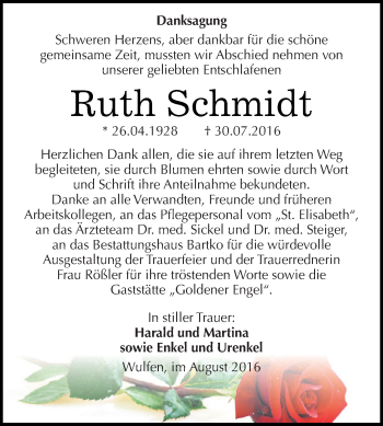 Traueranzeige von Ruth Schmidt von WVG - Wochenspiegel Dessau / Köthen