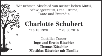 Traueranzeige von Charlotte Schubert von WVG - Wochenspiegel Dessau / Köthen