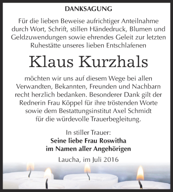Traueranzeige von Klaus Kurzhals von WVG - Wochenspiegel NMB / WSF / ZTZ