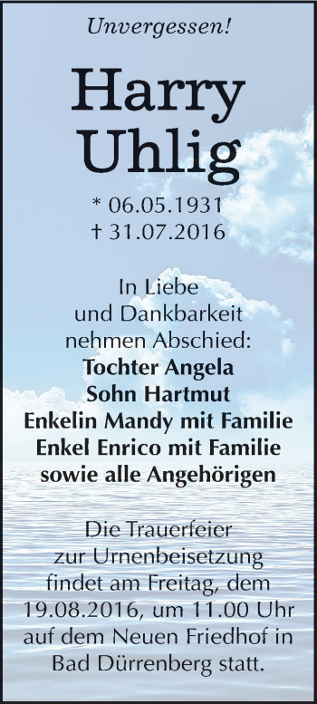 Traueranzeige von Harry Uhlig von Mitteldeutsche Zeitung Merseburg/Querfurt