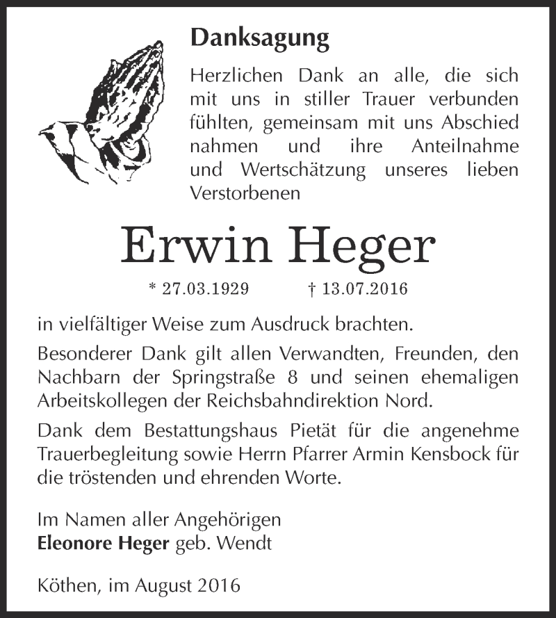  Traueranzeige für Erwin Heger vom 13.08.2016 aus WVG - Wochenspiegel Dessau / Köthen