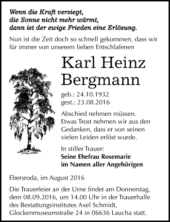 Traueranzeige von Karl Heinz Bergmann von Mitteldeutsche Zeitung Naumburg/Nebra