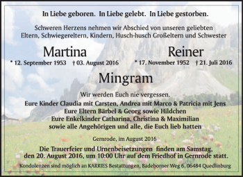 Traueranzeige von Martina Mingram von WVG - Wochenspiegel Quedlinburg