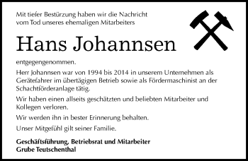 Traueranzeige von Hans Johannsen von Mitteldeutsche Zeitung Halle/Saalkreis