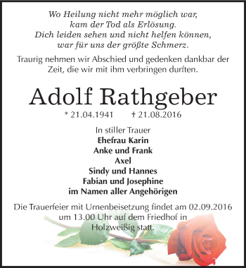 Traueranzeige von Adolf Rathgeber von Mitteldeutsche Zeitung Bitterfeld