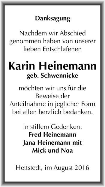 Traueranzeige von Karin Heinemann von Mitteldeutsche Zeitung Mansfelder Land