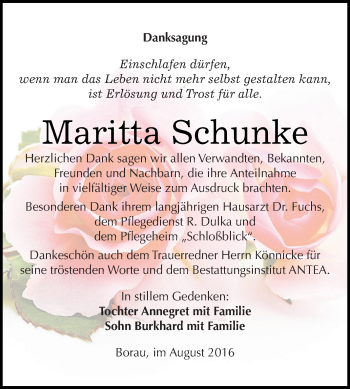 Traueranzeige von Maritta Schunke von WVG - Wochenspiegel NMB / WSF / ZTZ