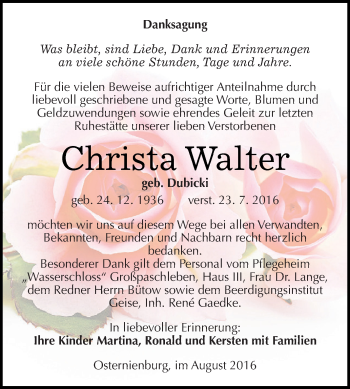 Traueranzeige von Christa Walter von WVG - Wochenspiegel Dessau / Köthen