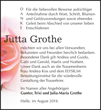 Traueranzeige von Jutta Grothe von Mitteldeutsche Zeitung Halle/Saalkreis