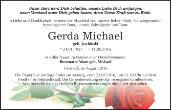 Traueranzeige von Gerda Michael von Mitteldeutsche Zeitung Mansfelder Land