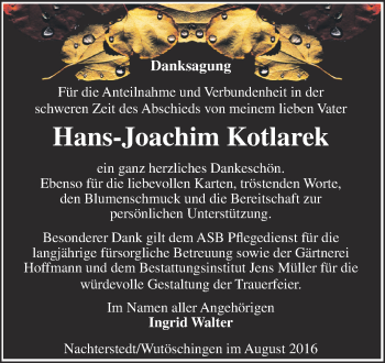 Traueranzeige von Hans-Joachim Kotlarek von Super Sonntag Aschersleben