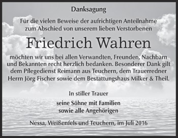 Traueranzeige von Friedrich Wahren von WVG - Wochenspiegel NMB / WSF / ZTZ