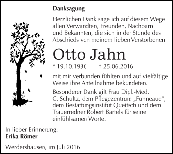 Traueranzeige von Otto Jahn von WVG - Wochenspiegel Dessau / Köthen