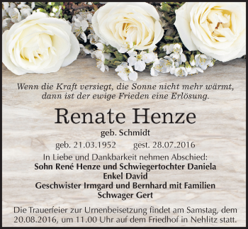 Traueranzeige von Renate Henze von Mitteldeutsche Zeitung Halle/Saalkreis
