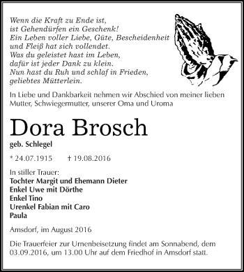 Traueranzeige von Dora Brosch von Super Sonntag SGH Mansf. Land