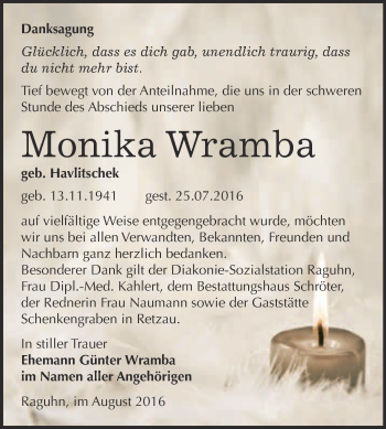 Traueranzeige von Monika Wramba von WVG - Wochenspiegel Bitterfeld