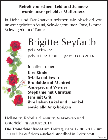 Traueranzeige von Brigitte Seyfarth von Mitteldeutsche Zeitung Zeitz
