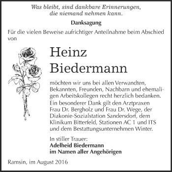 Traueranzeige von Heinz Biedermann von WVG - Wochenspiegel Bitterfeld