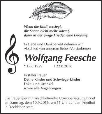 Traueranzeige von Wolfgang Feesche von Super Sonntag Aschersleben