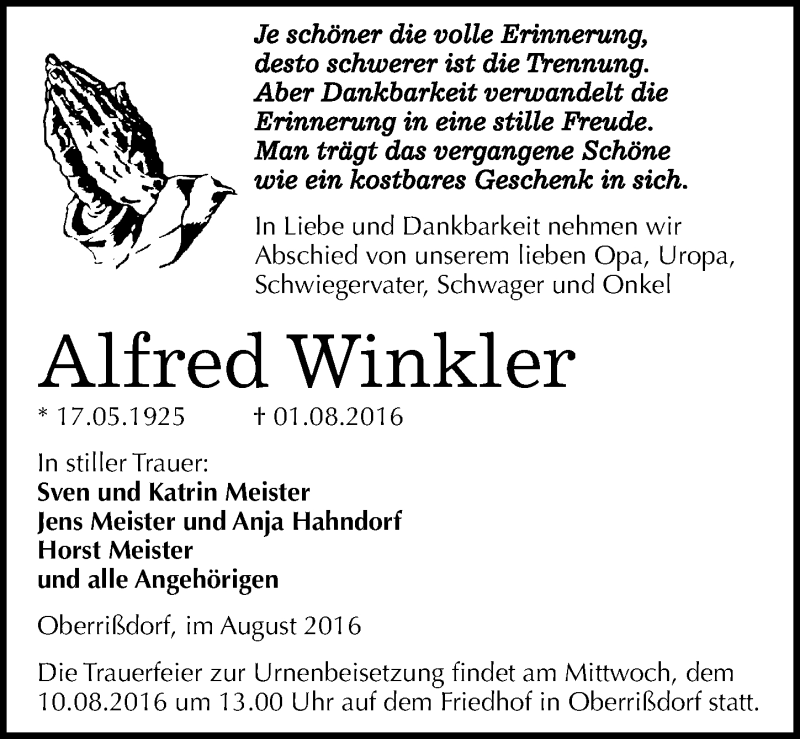  Traueranzeige für Alfred Winkler vom 04.08.2016 aus Mitteldeutsche Zeitung Mansfelder Land