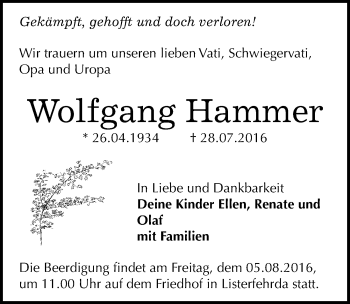 Traueranzeige von Wolfgang Hammer von Mitteldeutsche Zeitung Wittenberg