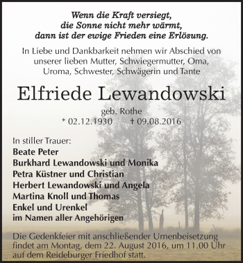 Traueranzeige von Elfriede Lewandowski von Mitteldeutsche Zeitung Halle/Saalkreis