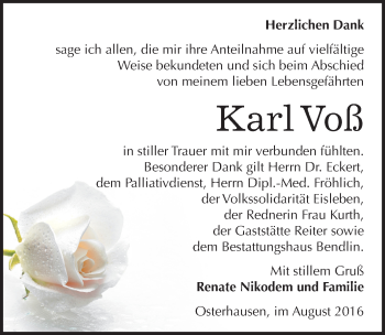 Traueranzeige von Karl Voß von Mitteldeutsche Zeitung Mansfelder Land