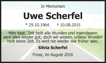Traueranzeige von Uwe Scherfel von Mitteldeutsche Zeitung Aschersleben