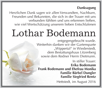 Traueranzeige von Lothar Bodemann von Mitteldeutsche Zeitung Mansfelder Land