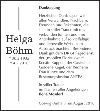 Traueranzeige von Helga Böhm von Super Sonntag Wittenberg