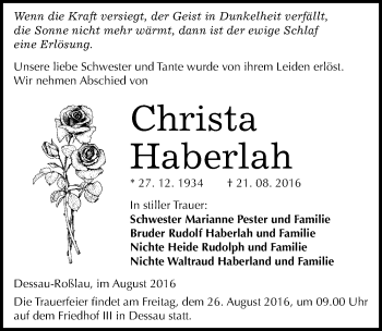 Traueranzeige von Christa Haberlah von Mitteldeutsche Zeitung Dessau-Roßlau