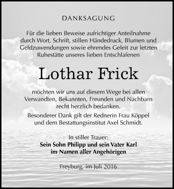 Traueranzeige von Lothar Frick von Mitteldeutsche Zeitung Naumburg/Nebra