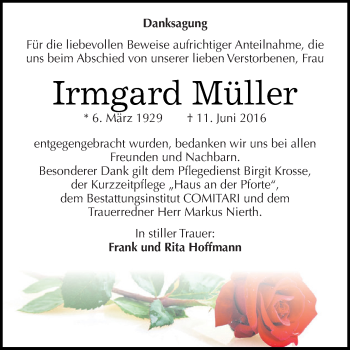 Traueranzeige von Irmgard Müller von WVG - Wochenspiegel NMB / WSF / ZTZ