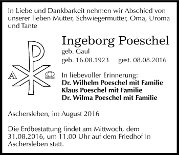 Traueranzeige von Ingeborg Poeschel von Mitteldeutsche Zeitung Aschersleben