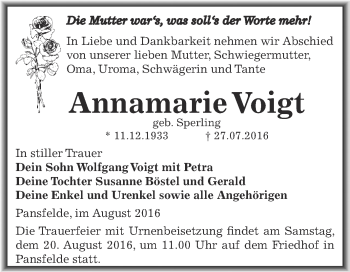 Traueranzeige von Annamarie Voigt von Super Sonntag SGH Mansf. Land