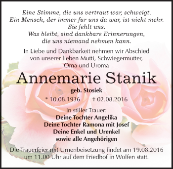 Traueranzeige von Annemarie Stanik von Mitteldeutsche Zeitung Bitterfeld