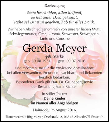 Traueranzeige von Gerda Meyer von Super Sonntag SGH Mansf. Land