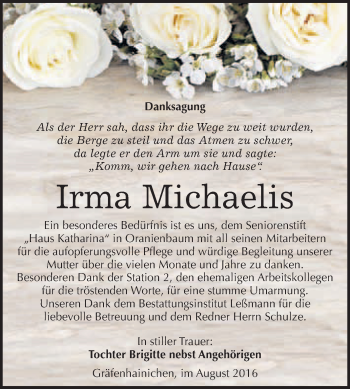 Traueranzeige von Irma Michaelis von WVG - Wochenspiegel Wittenberg