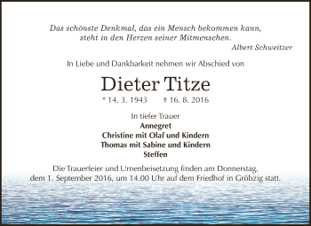 Traueranzeige von Dieter Titze von WVG - Wochenspiegel Dessau / Köthen