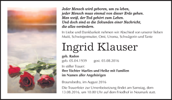 Traueranzeige von Ingrid Klauser von WVG - Wochenspiegel Merseburg