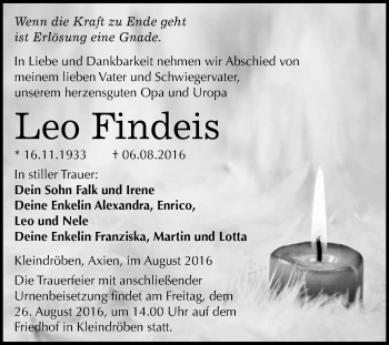 Traueranzeige von Leo Findeis von WVG - Wochenspiegel Wittenberg