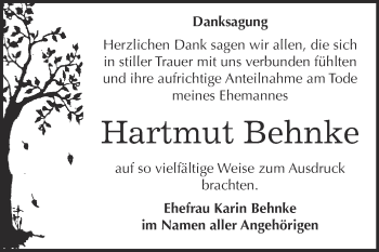 Traueranzeige von Hartmut Behnke von WVG - Wochenspiegel Bitterfeld
