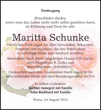 Traueranzeige von Maritta Schunke von Mitteldeutsche Zeitung Weißenfels
