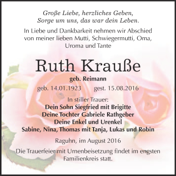 Traueranzeige von Ruth Krauße von WVG - Wochenspiegel Bitterfeld