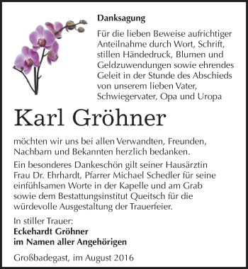 Traueranzeige von Karl Gröhner von Mitteldeutsche Zeitung Köthen