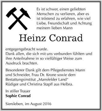 Traueranzeige von Heinz Conrad von Mitteldeutsche Zeitung Mansfelder Land