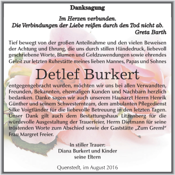 Traueranzeige von Detlef Burkert von Wochenspiegel Mansfelder Land