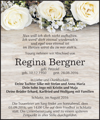 Traueranzeige von Regina Bergner von Mitteldeutsche Zeitung Bitterfeld